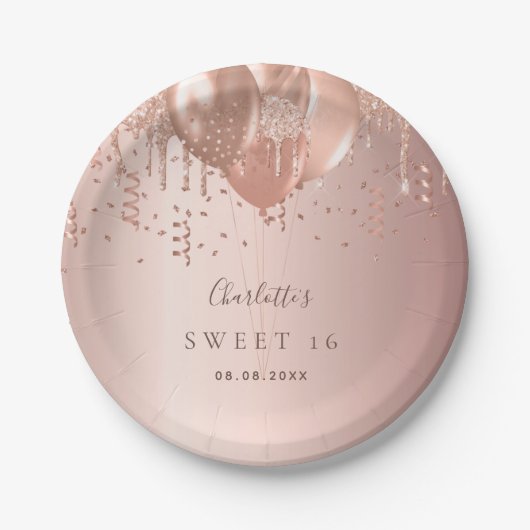 Sweet 16 Rose Gold Glitzer Ballons Monogramm 16. Pappteller (Vorderseite)