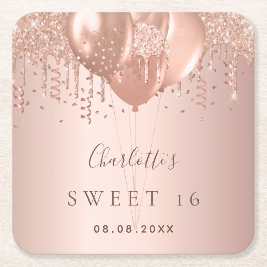 Sweet 16 Rose Gold Glitzer Ballons Monogramm 16. Rechteckiger Pappuntersetzer (Vorderseite)