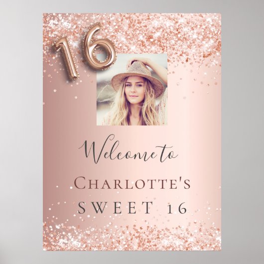 Sweet 16 Rose Gold Glitzer Foto Begrüßung Party Poster (Vorne)