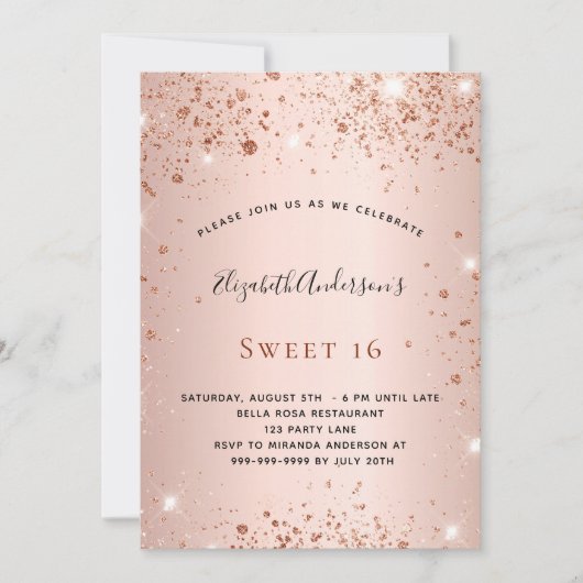 Sweet 16 Rose Gold Glitzer glamourös Einladung (Vorderseite)