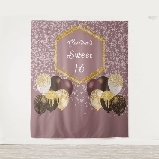 Sweet 16 Rose Gold Glitzer & Glitzer Party Ballon Wandteppich (Vorderseite)