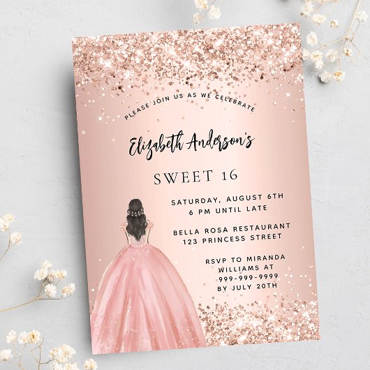 Sweet 16 Rose Gold Glitzer Kleid Luxus Party Einladung