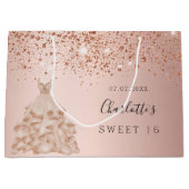 Sweet 16 Rose Gold Glitzer Kleid Name Party Große Geschenktüte (Vorderseite)