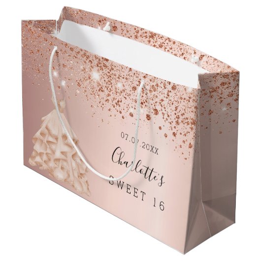 Sweet 16 Rose Gold Glitzer Kleid Name Party Große Geschenktüte (Rückseite Schrägansicht)
