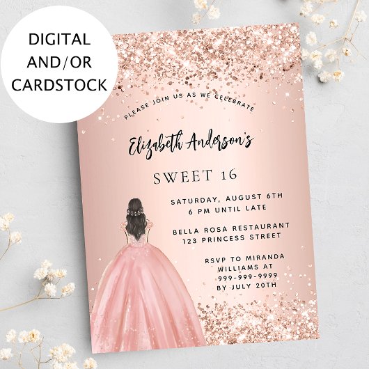 Sweet 16 Rose Gold Glitzer Kleid Party Einladung