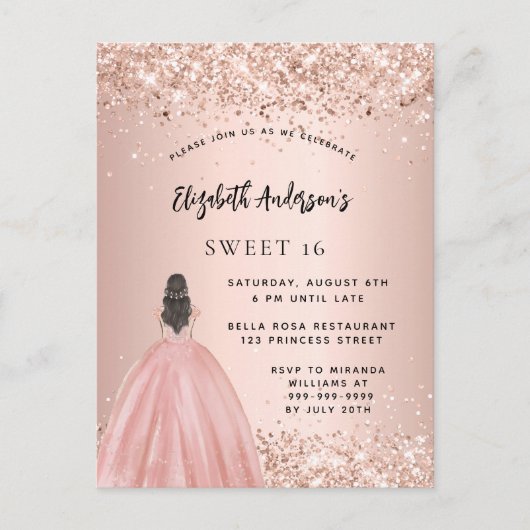 Sweet 16 Rose Gold Glitzer Kleid Party Einladungspostkarte (Vorderseite)