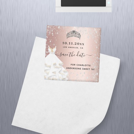 Sweet 16 Rose Gold Glitzer Kleid Save the Date Magnet