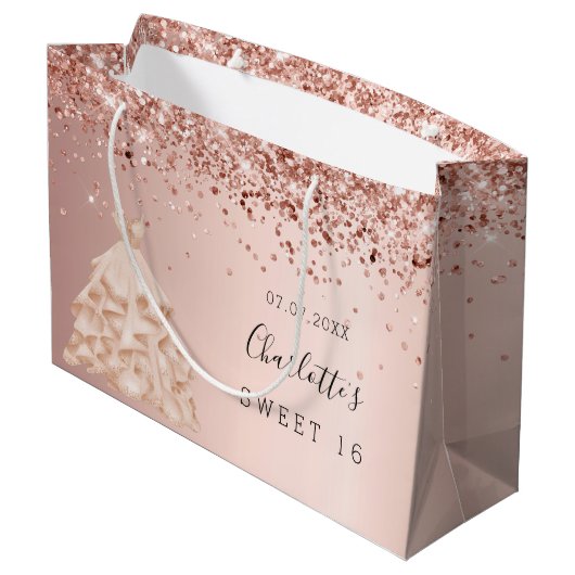 Sweet 16 Rose Gold Glitzer Kleidung Name Große Geschenktüte (Rückseite Schrägansicht)