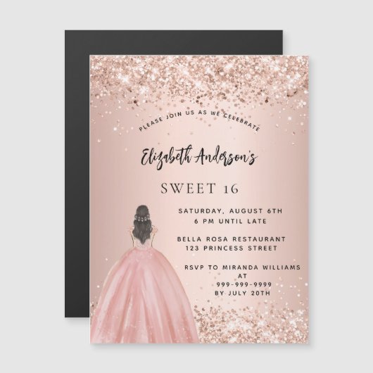 Sweet 16 Rose Gold Glitzer Luxus Magneteinladung (Vorne/Hinten)