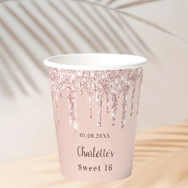 Sweet 16 Rose Gold Glitzer Name 16. Geburtstag Pappbecher