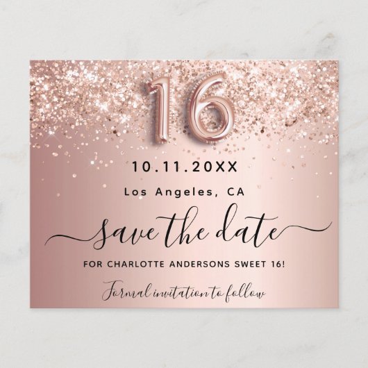 Sweet 16 Rose Gold Glitzer Save the Date Flyer (Vorne)
