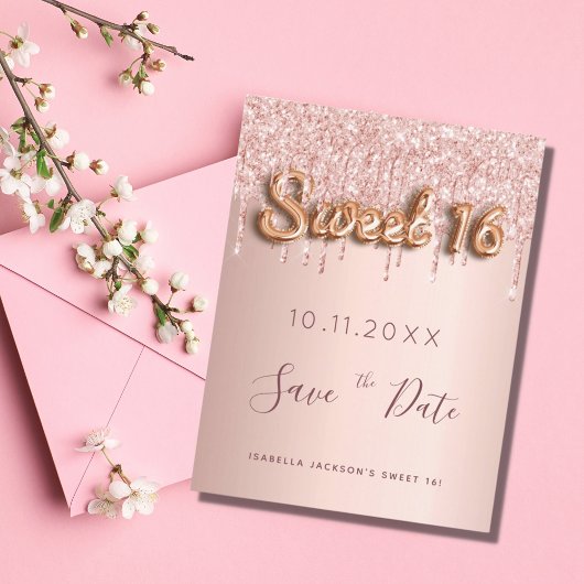 Sweet 16 Rose Gold Glitzer Save the Date pink Ankündigungspostkarte