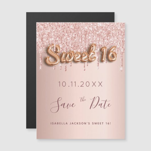 Sweet 16 Rose Gold Glitzer Save the Date pink Magnetkarte (Vorne/Hinten)