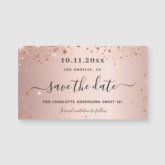 Sweet 16 Rose Gold Glitzer speichern Sie den Datum Magnetkarte (Vorderseite)