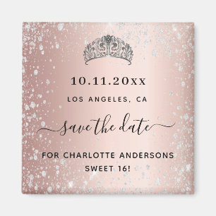 Sweet 16 Rose Gold Glitzer Tiara Save the Date Magnet