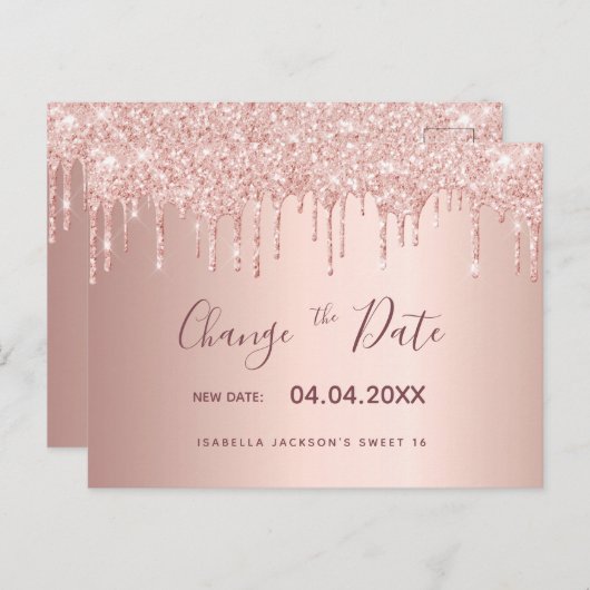 Sweet 16 Rose Gold Glitzer Tropfen ändern das Datu Postkarte (Vorne/Hinten)