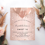 Sweet 16 Rose Gold Glitzer Tropfen Ballons 16. Einladungspostkarte<br><div class="desc">Für einen eleganten Sweet 16,  16. Geburtstag. Eine Rose Gold Imitate metallisch aussehend Hintergrund. Dekoriert mit Rose Gold,  rosa Imitat Glitzer Tropfen,  Farbe Tropfen Look und Ballons. Personalisieren und fügen Sie Namen,  Alter und Party Details hinzu. Der Name wird mit einem handgeschriebenen Stilskript geschrieben</div>