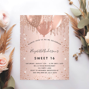 Sweet 16 Rose Gold Glitzer Tropfen Ballons 16. Einladungspostkarte