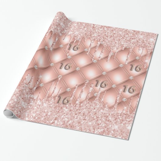 Sweet 16 Rose Gold Glitzer Tropfen Rosa Luxus Geschenkpapier (Ungerollt)