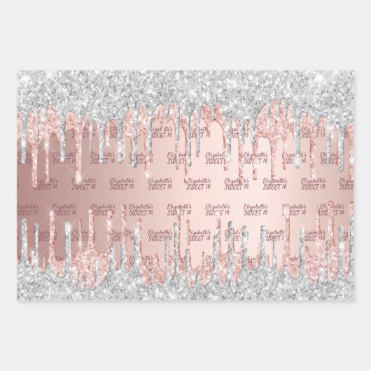 Sweet 16 Rose Gold Glitzer Tropfen Rosa Silber Geschenkpapier Set (Vorderseite)