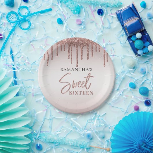 Sweet 16 Rose Gold Glitzer Tropfen Script Geburtst Pappteller (Party)