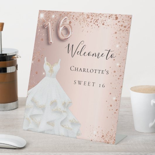 Sweet 16 Rose Gold Glitzer Willkommensgruß Sockelschild (In Situ)