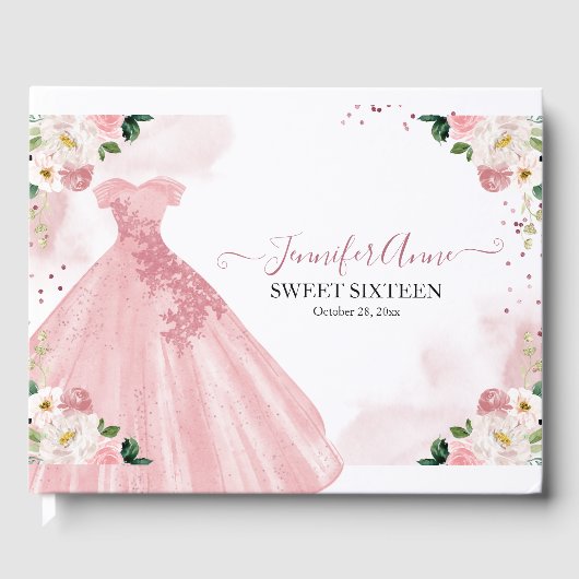 Sweet 16 Rose Gold Pink Aquarell Blume Kleid Gästebuch (Vorderseite)