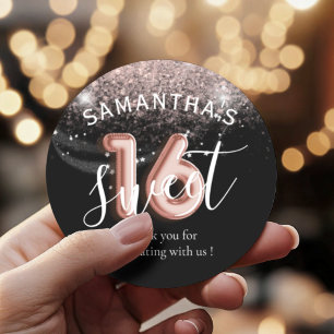 Sweet 16 Rose Gold Pink Glitzer Ballon Style Runder Aufkleber