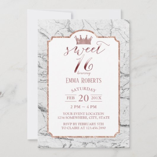 Sweet 16 Rose Gold Princess Crown White Marmor Einladung (Vorderseite)