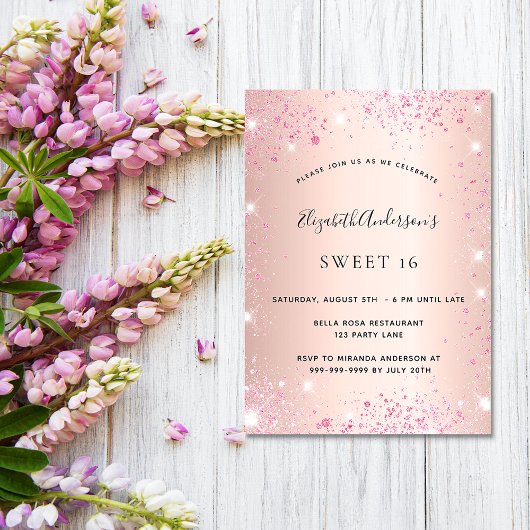 Sweet 16 Rose Gold Rosa Glitzer glamourös Einladung