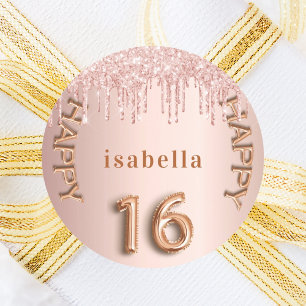 Sweet 16 Rose Gold Rosa Glitzer Tropfen Runder Aufkleber