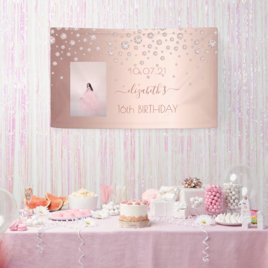 Sweet 16 Rose Gold Roush Foto Diamanten Banner (Party)