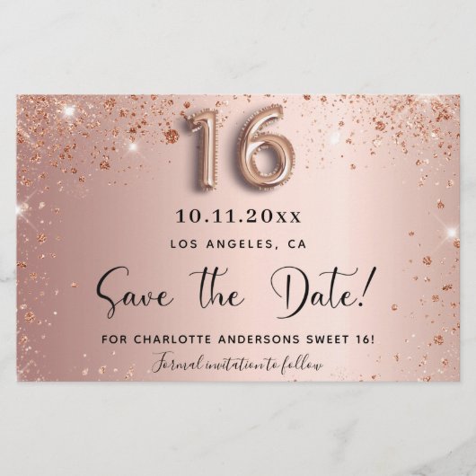 Sweet 16 Rose Gold Save the Date Karte (Vorderseite)