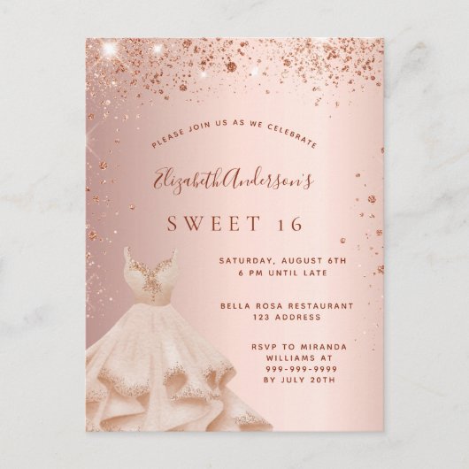 Sweet 16 Rose Gold Schwarz Glitzer Einladung (Vorderseite)