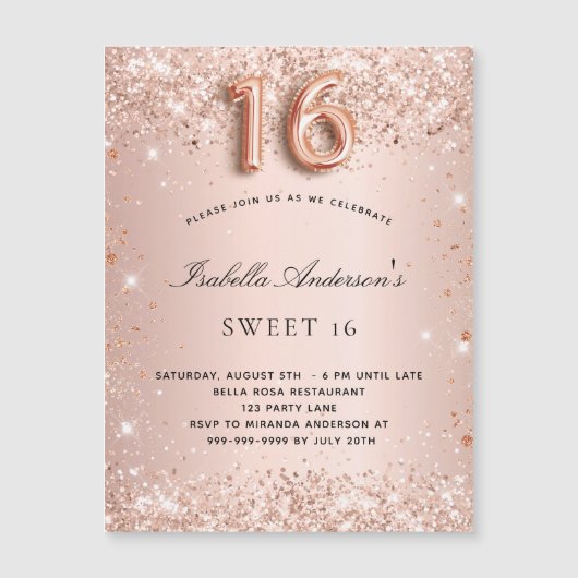 Sweet 16 Rose Gold Schwarz Glitzer Magnet Einladun (Vorderseite)