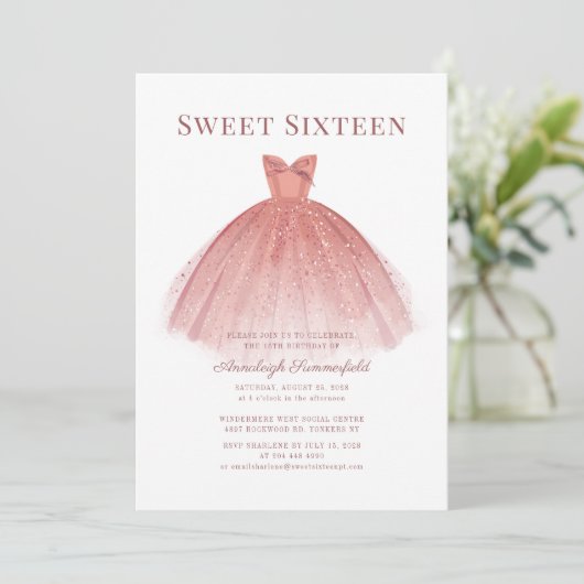 Sweet 16 Rose Gold Script Modern Einladung (Stehend Vorderseite)