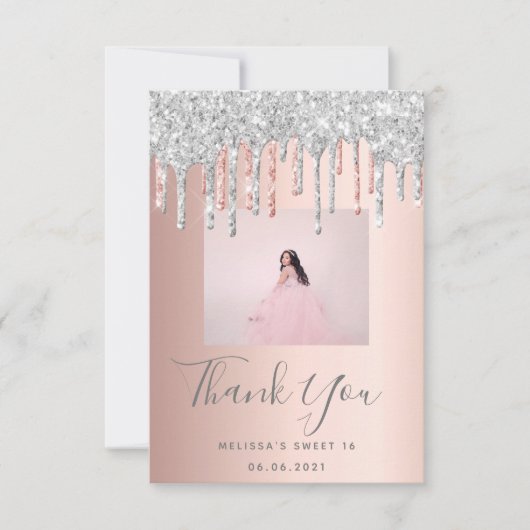 Sweet 16 Rose Gold Silber Glitzer Foto Dankeskarte (Vorderseite)