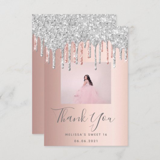 Sweet 16 Rose Gold Silber Glitzer Foto Dankeskarte (Vorne/Hinten)