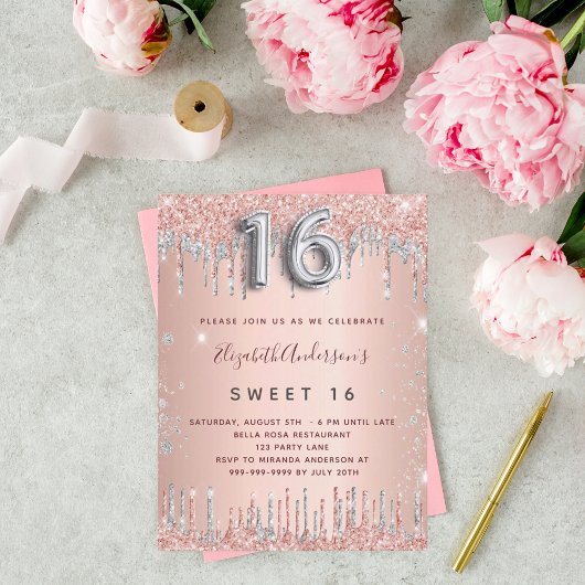 Sweet 16 Rose Gold Silber Glitzer Geburtstag Einladungspostkarte