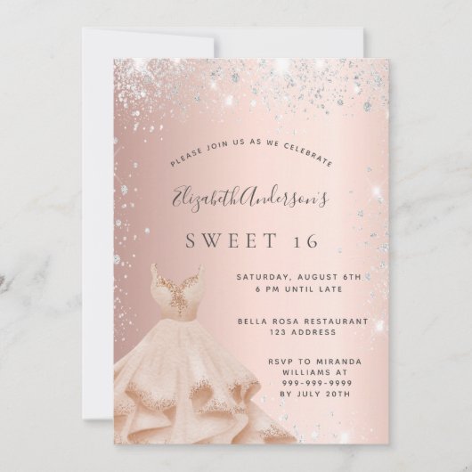 Sweet 16 Rose Gold silber Glitzer Kleid glamourös Einladung (Vorderseite)