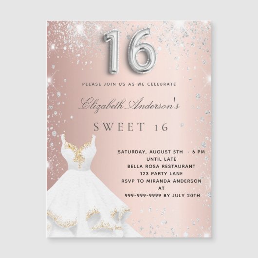 Sweet 16 Rose Gold Silber Magnet Einladung (Vorderseite)