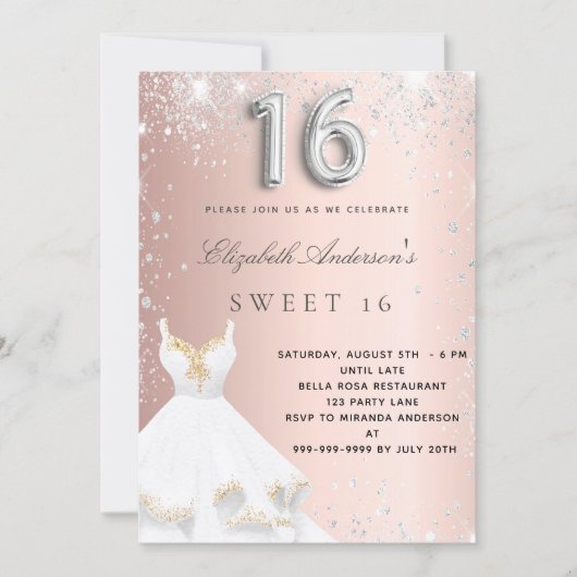 Sweet 16 Rose Gold Silberkleid Glitzer rot Einladung (Vorderseite)