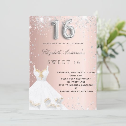 Sweet 16 Rose Gold Silberkleid Glitzer rot Einladung (Stehend Vorderseite)