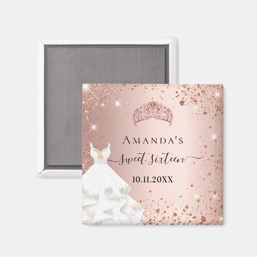 Sweet 16 Rose Gold Tiara Kleid Glitzer Name Magnet (Vorderseite/Rückseite)