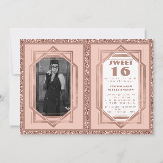 Sweet 16 Rose Gold und Glitzer Gatsby Art Deco Einladung (Vorderseite)