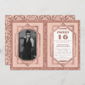 Sweet 16 Rose Gold und Glitzer Gatsby Art Deco Einladung (Vorne/Hinten)