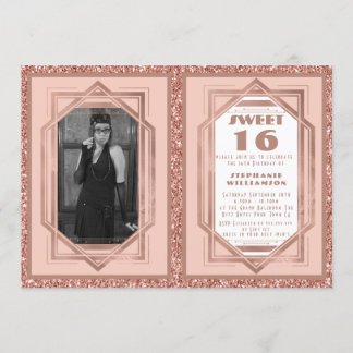 Sweet 16 Rose Gold und Glitzer Gatsby Art Deco Einladung