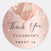 Sweet 16 Rose Goldblush Glitzer Ballon Danke Runder Aufkleber (Vorderseite)