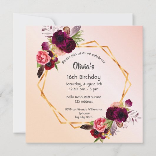 Sweet 16 Rose goldbordeauxfarbene Blumengeometrie Einladung (Vorderseite)