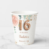 Sweet 16 Rose Goldflorale Glitzer Monogramm Pappbecher (Vorderseite)